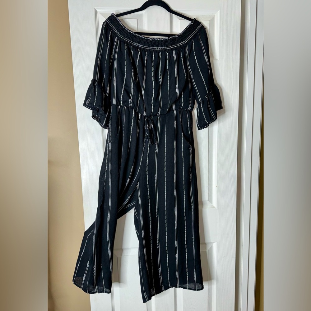 Luxology Black and White Striped Off-Shoulder Jumpsuit